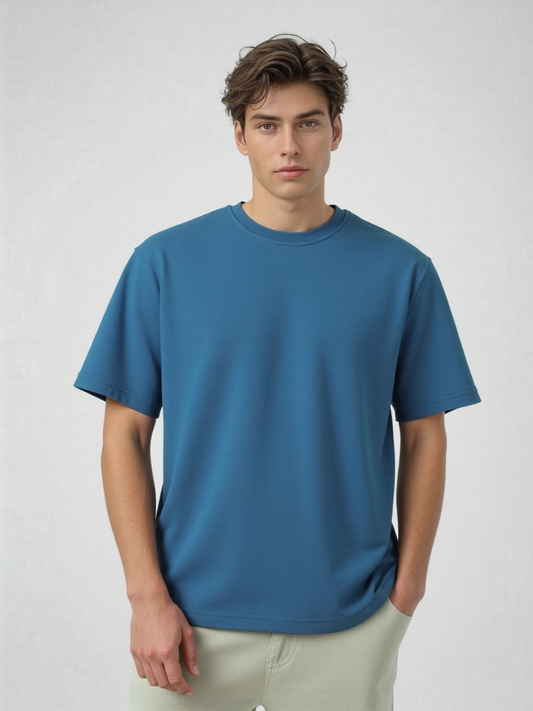 French Terry Cotton Oversize Fit T-shirt - Blue - strudoo