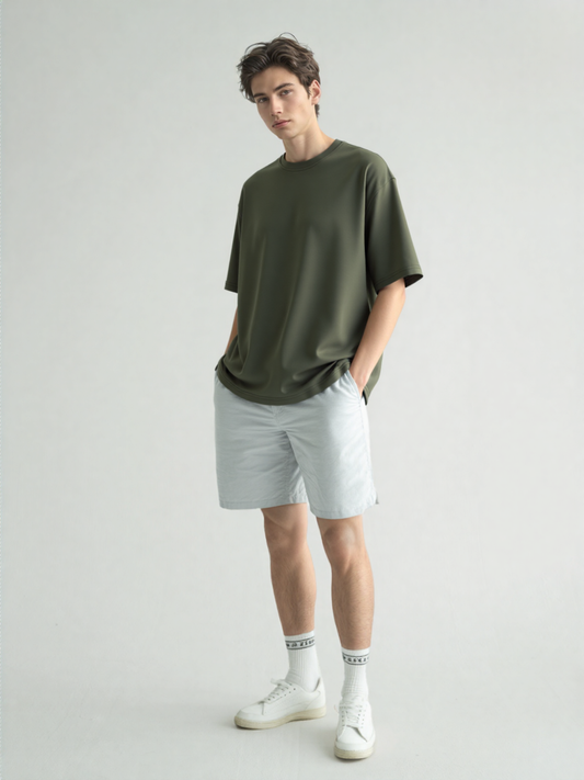 French Terry Cotton Oversize Fit T-shirt - Olive Green Strudoo