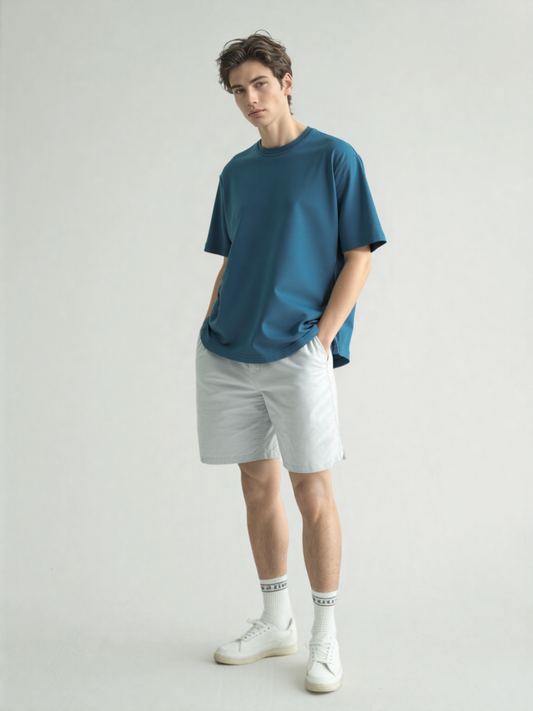 French Terry Cotton Oversize Fit T-shirt - Blue - strudoo
