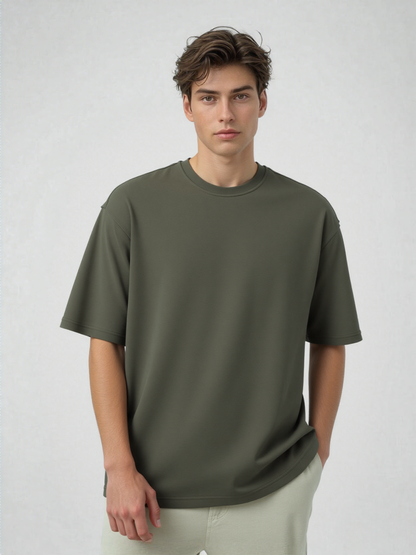 French Terry Cotton Oversize Fit T-shirt - Olive Green Strudoo